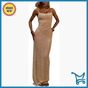 Sequin Mesh Maxi Dress Sleeveless Fishtail Formal Evening Gown